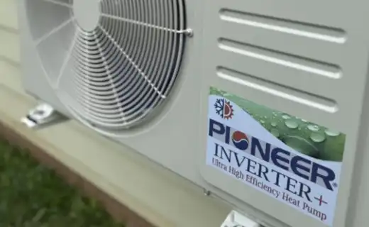 Pioneer ductless mini-split heat pump outdoor unit installed on a Western North Carolina home
